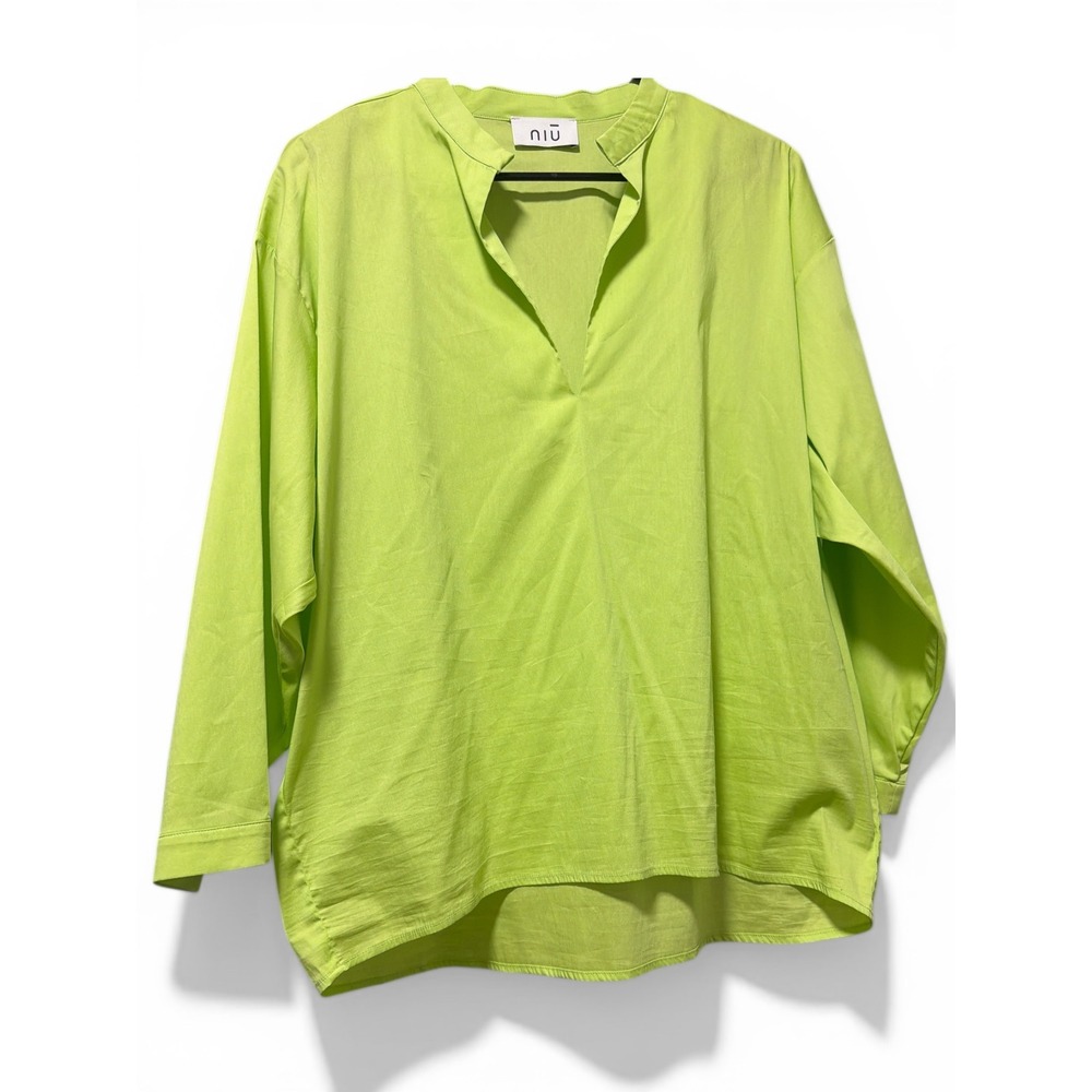 NIU Lime Green Cotton Blend V-Neck High-Low Tunic Blouse Made in Romania Large